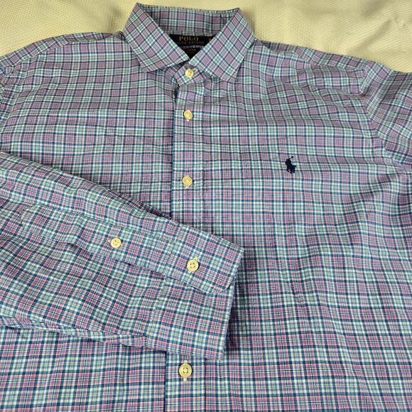 Ralph Lauren Men's Long Sleeve Light Purple Button Down Plaid Shirt XL Stretch - Picture 1 of 6